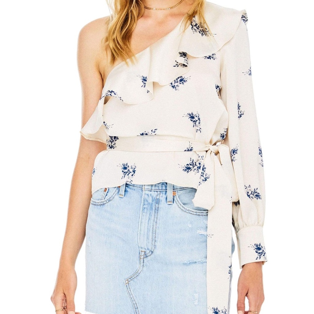 Astr Cream and Blue Floral One-Shoulder Blouse